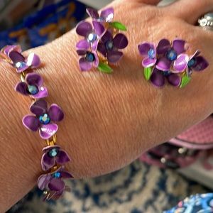Vintage Enameled Violet with Blue Rhinestone Center Bracelet and Earrings